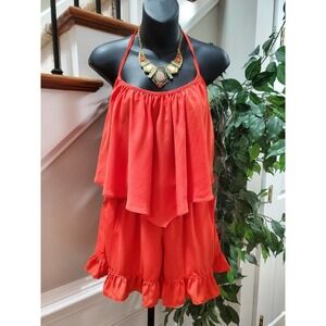 Boutique VAVA Women's Solid Red 100% Polyester Strappy Ruffle Romper Size Medium